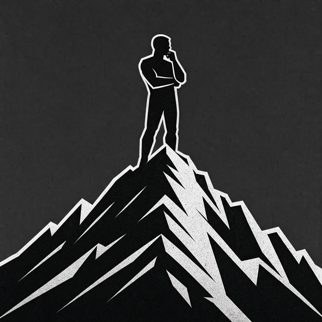 A lone figure thinking on top of a mountain